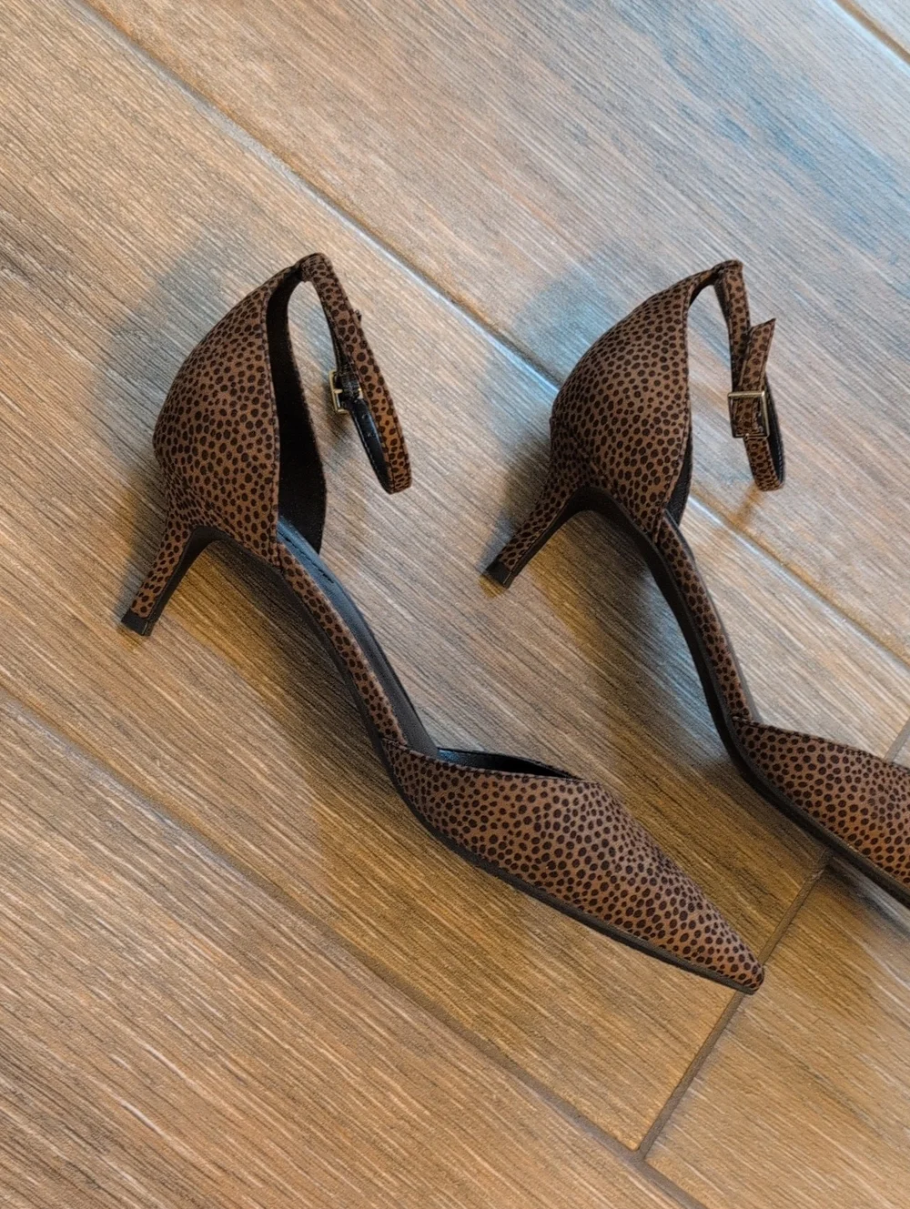 Bandolino Black Brown Animal Print Pointed-Toe Ankle-Strap Heels